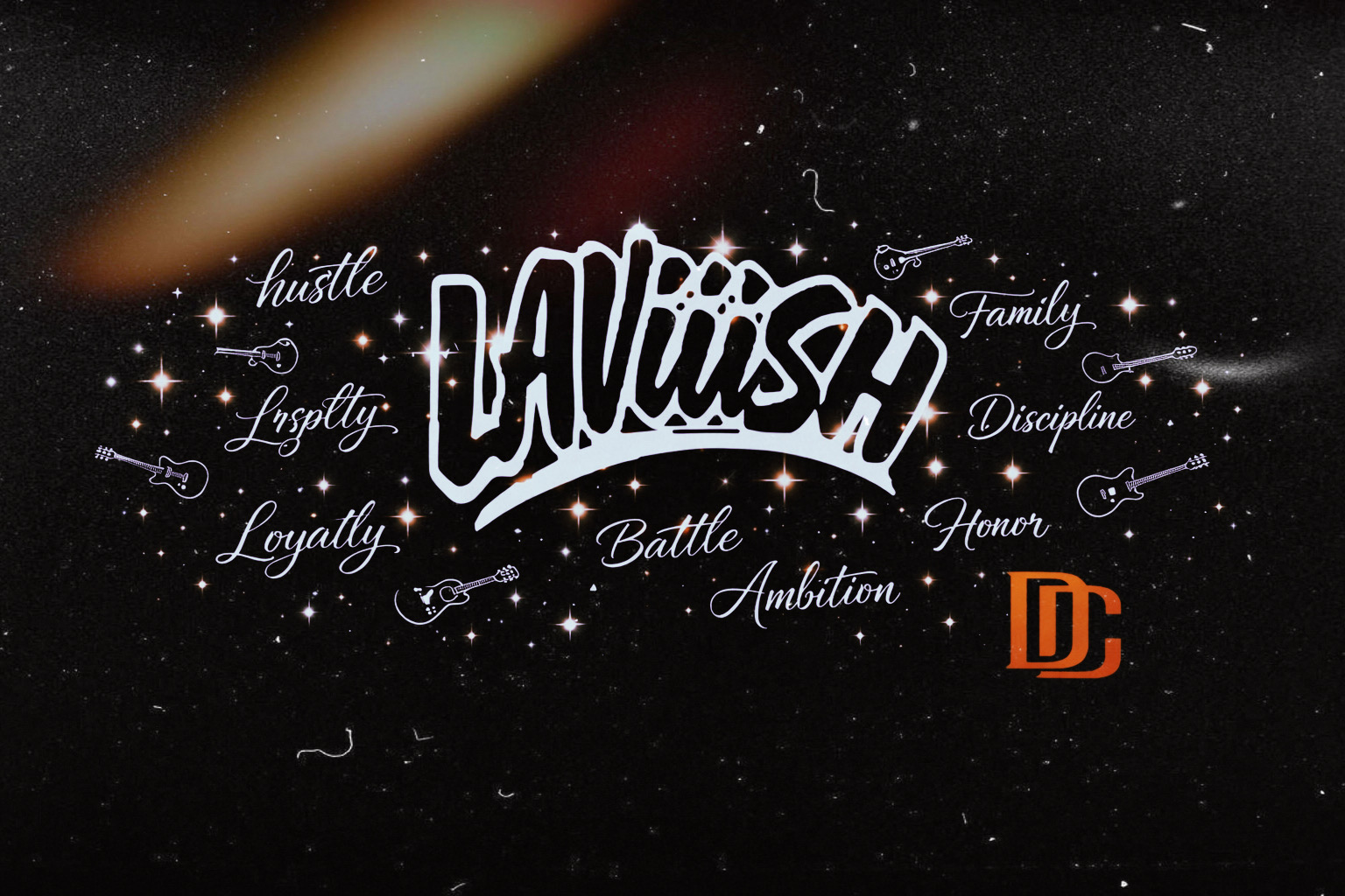 LAViiiSH logo surrounded by shining stars, guitars, and words including family, discipline, loyalty, honor, and ambition
